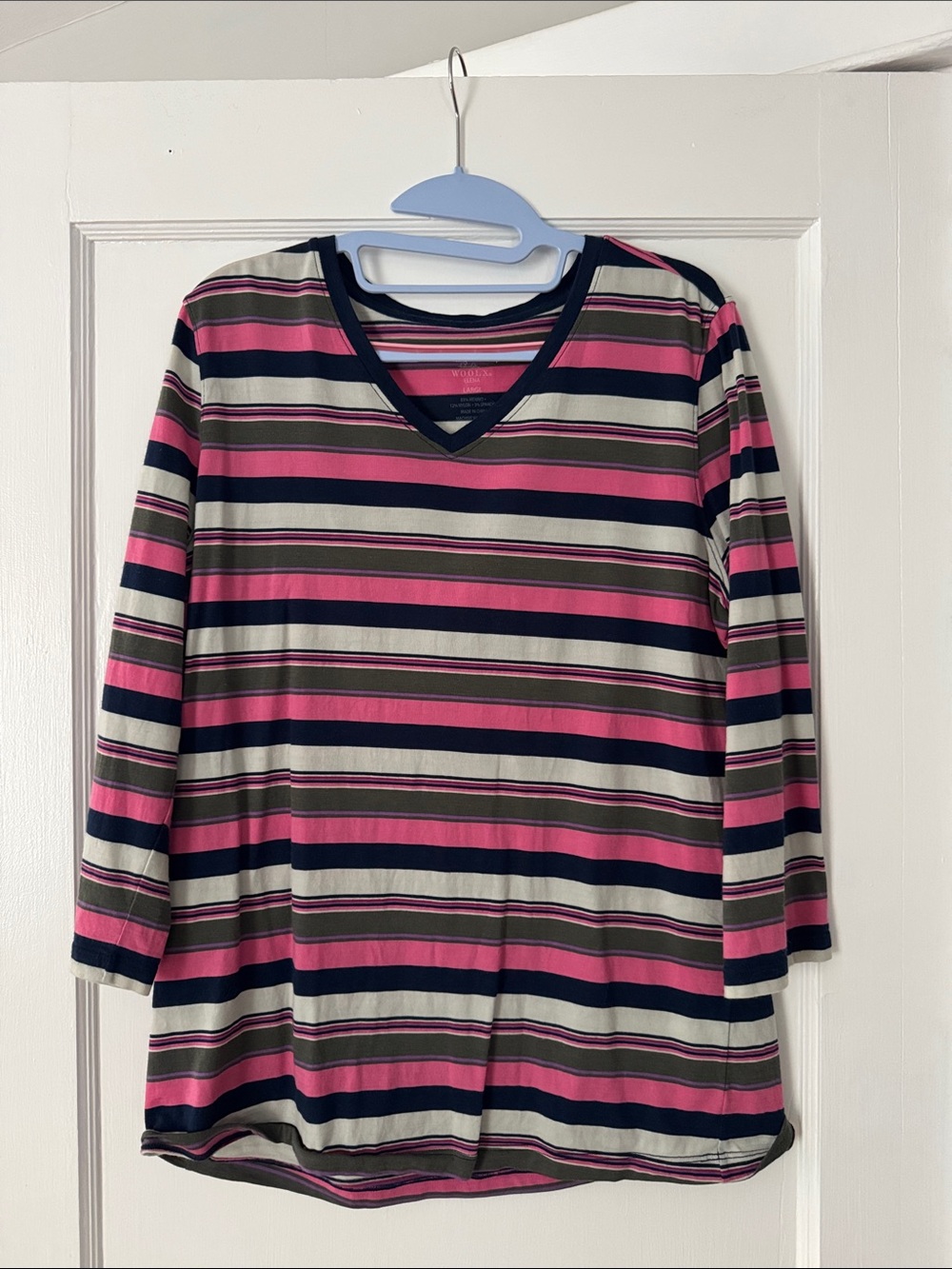 Women's Pink Navy Striped Long Sleeve V-Neck Tee